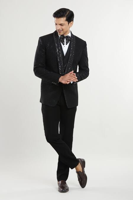 Shop Arihant Rai Sinha Black Satin, Polyester Sequins Square Detailed Tuxedo Set With Waistcoat Shop_Arihant Rai Sinha_Black Satin, Polyester Sequins Square Detailed Tuxedo Set With Waistcoat