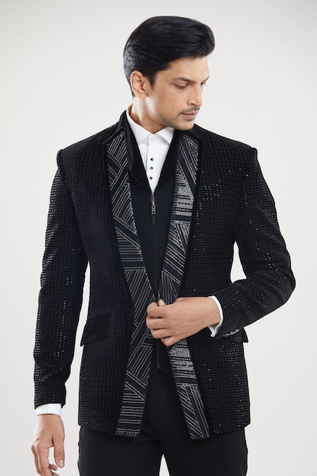 Buy_Arihant Rai Sinha_Black Satin, Polyester Sequins, Embroidery Neck Tuxedo Set With Waistcoat _Online_at_Aza_Fashions
