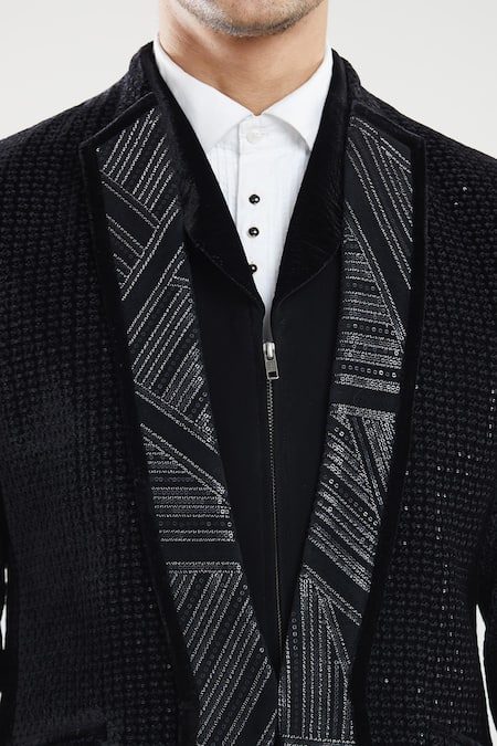 Shop_Arihant Rai Sinha_Black Satin, Polyester Sequins, Embroidery Neck Tuxedo Set With Waistcoat _Online_at_Aza_Fashions