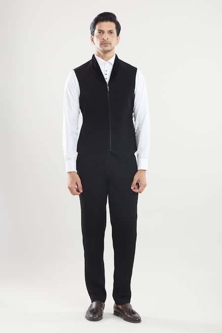 Arihant Rai Sinha_Black Satin, Polyester Sequins, Embroidery Neck Tuxedo Set With Waistcoat _at_Aza_Fashions