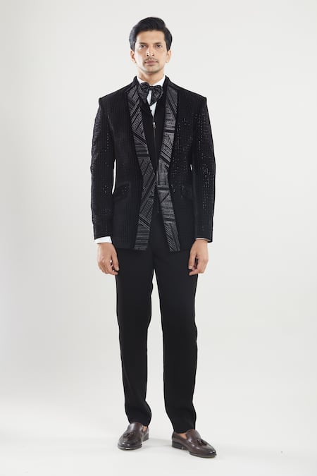 Buy_Arihant Rai Sinha_Black Satin, Polyester Sequins, Embroidery Neck Tuxedo Set With Waistcoat 