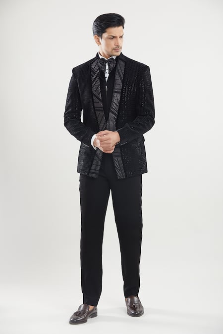 Shop_Arihant Rai Sinha_Black Satin, Polyester Sequins, Embroidery Neck Tuxedo Set With Waistcoat 