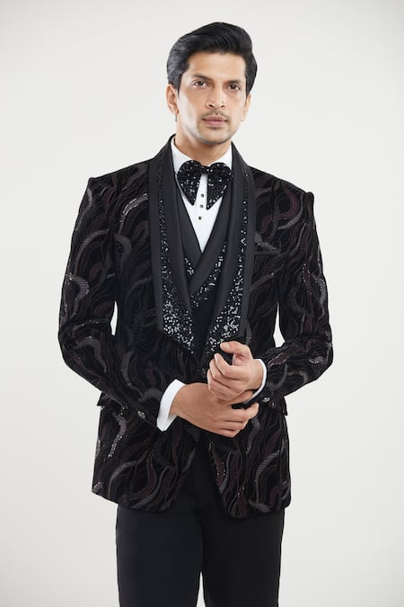 Buy_Arihant Rai Sinha_Black Satin, Polyester, Silk, Cotton Abstract Embroidered Tuxedo Set With Bow _Online_at_Aza_Fashions