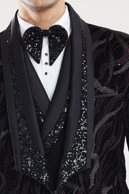 Shop_Arihant Rai Sinha_Black Satin, Polyester, Silk, Cotton Abstract Embroidered Tuxedo Set With Bow _Online_at_Aza_Fashions
