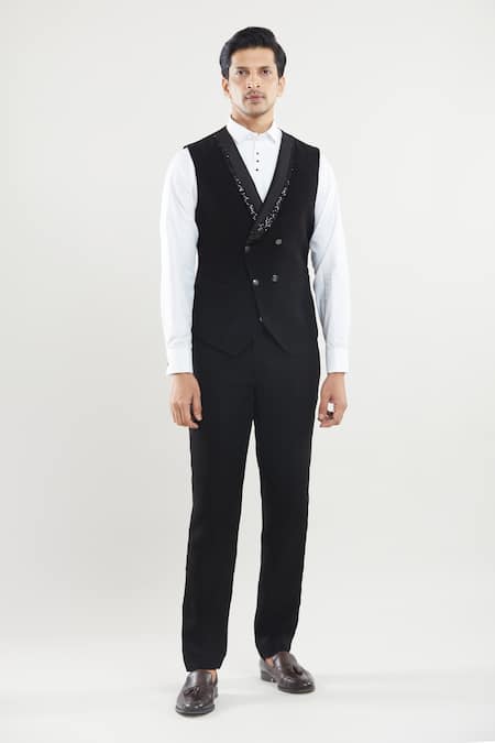 Arihant Rai Sinha_Black Satin, Polyester, Silk, Cotton Abstract Embroidered Tuxedo Set With Bow _at_Aza_Fashions