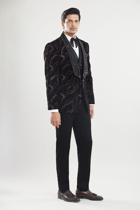 Buy_Arihant Rai Sinha_Black Satin, Polyester, Silk, Cotton Abstract Embroidered Tuxedo Set With Bow 