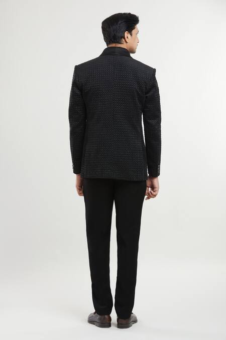 Shop Arihant Rai Sinha Black Satin, Polyester Sequins, Embroidery Floral Pattern Tuxedo Set With Bow at Aza Fashions Shop_Arihant Rai Sinha_Black Satin, Polyester Sequins, Embroidery Floral Pattern Tuxedo Set With Bow _at_Aza_Fashions