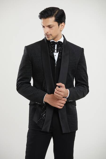 Buy Arihant Rai Sinha Black Satin, Polyester Sequins, Embroidery Floral Pattern Tuxedo Set With Bow Online at Aza Fashions Buy_Arihant Rai Sinha_Black Satin, Polyester Sequins, Embroidery Floral Pattern Tuxedo Set With Bow _Online_at_Aza_Fashions