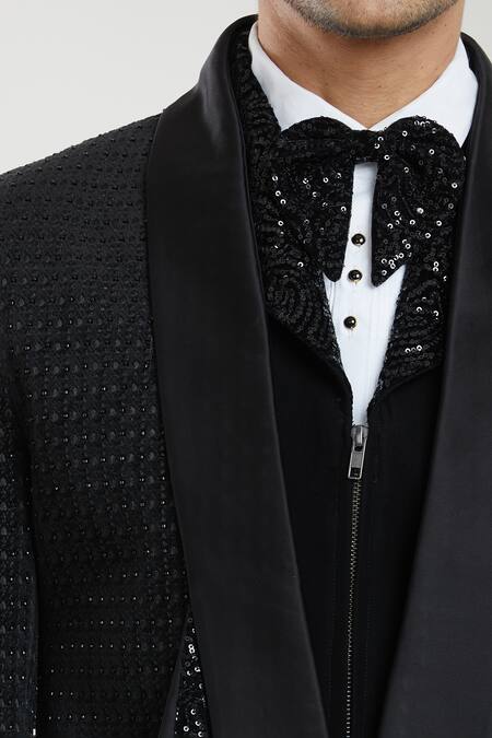 Shop Arihant Rai Sinha Black Satin, Polyester Sequins, Embroidery Floral Pattern Tuxedo Set With Bow Online at Aza Fashions Shop_Arihant Rai Sinha_Black Satin, Polyester Sequins, Embroidery Floral Pattern Tuxedo Set With Bow _Online_at_Aza_Fashions