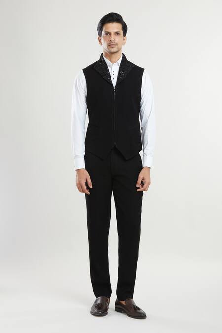 Arihant Rai Sinha Black Satin, Polyester Sequins, Embroidery Floral Pattern Tuxedo Set With Bow at Aza Fashions Arihant Rai Sinha_Black Satin, Polyester Sequins, Embroidery Floral Pattern Tuxedo Set With Bow _at_Aza_Fashions