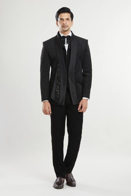 Buy Arihant Rai Sinha Black Satin, Polyester Sequins, Embroidery Floral Pattern Tuxedo Set With Bow Buy_Arihant Rai Sinha_Black Satin, Polyester Sequins, Embroidery Floral Pattern Tuxedo Set With Bow