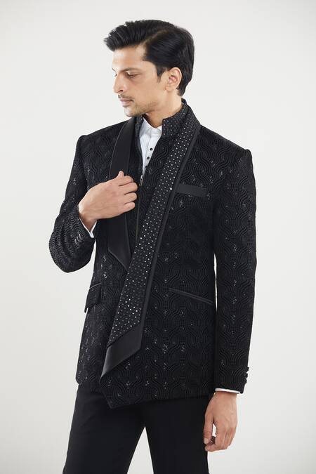 Buy_Arihant Rai Sinha_Black Satin, Polyester, Silk, Cotton Sequins, Embroidery Mirror Tuxedo Set _Online_at_Aza_Fashions