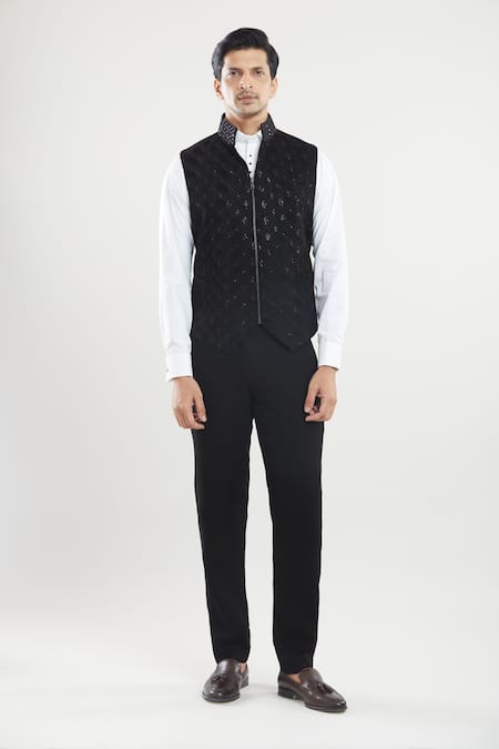 Arihant Rai Sinha_Black Satin, Polyester, Silk, Cotton Sequins, Embroidery Mirror Tuxedo Set _at_Aza_Fashions