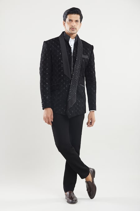 Buy_Arihant Rai Sinha_Black Satin, Polyester, Silk, Cotton Sequins, Embroidery Mirror Tuxedo Set 