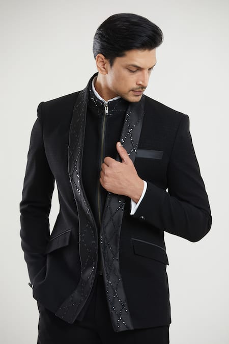 Buy_Arihant Rai Sinha_Black Polyester, Satin Sequins, Embroidery Bead Tuxedo Set With Waistcoat _Online_at_Aza_Fashions