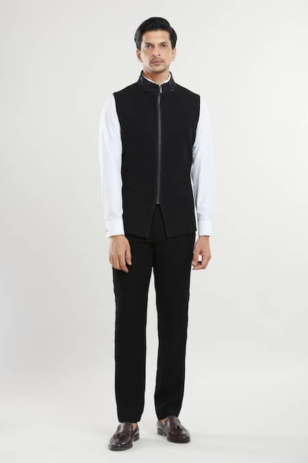 Arihant Rai Sinha_Black Polyester, Satin Sequins, Embroidery Bead Tuxedo Set With Waistcoat _at_Aza_Fashions