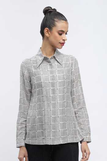 ABRAHAM AND THAKORE_Ivory Chanderi Sequins Collared Dot Chequered Print Shirt _Online_at_Aza_Fashions