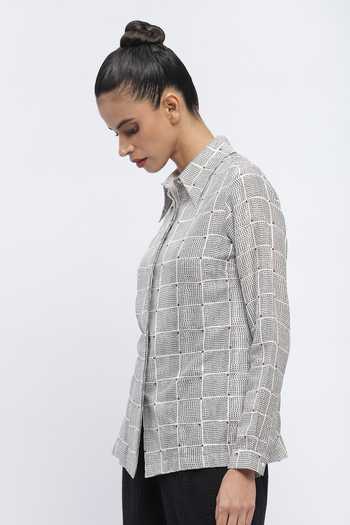 Buy_ABRAHAM AND THAKORE_Ivory Chanderi Sequins Collared Dot Chequered Print Shirt _Online_at_Aza_Fashions