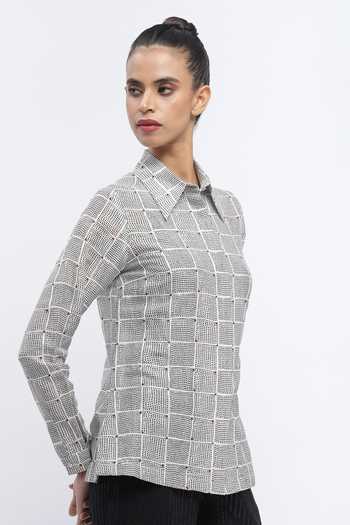 Shop_ABRAHAM AND THAKORE_Ivory Chanderi Sequins Collared Dot Chequered Print Shirt _Online_at_Aza_Fashions