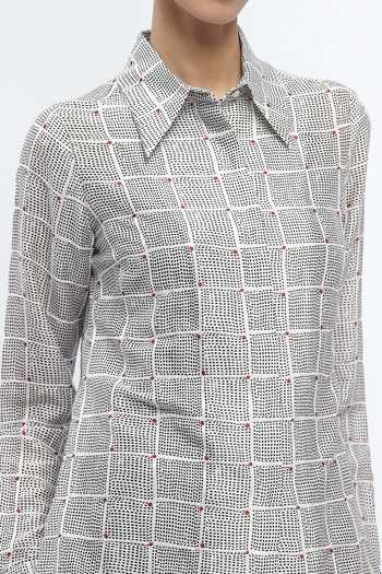 ABRAHAM AND THAKORE_Ivory Chanderi Sequins Collared Dot Chequered Print Shirt _at_Aza_Fashions