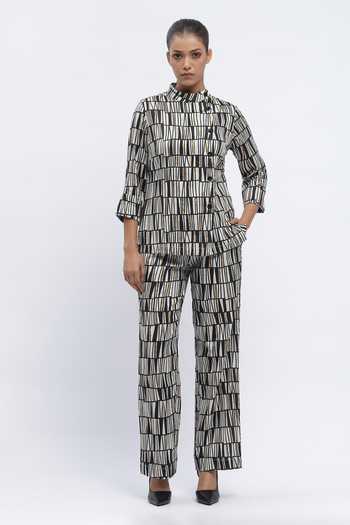 ABRAHAM AND THAKORE_Black Chanderi Sequins Round Neck Broken Lines Print Top _Online_at_Aza_Fashions
