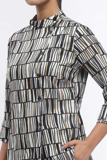 ABRAHAM AND THAKORE_Black Chanderi Sequins Round Neck Broken Lines Print Top _at_Aza_Fashions