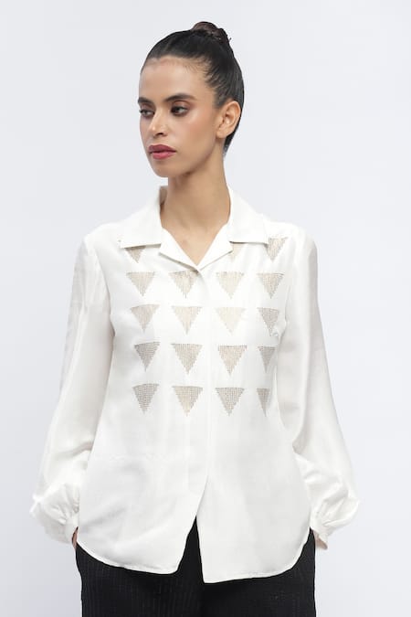 Abraham And Thakore_Ivory Silk Sequins Collared Triangle Embroidered Shirt _Online_at_Aza_Fashions