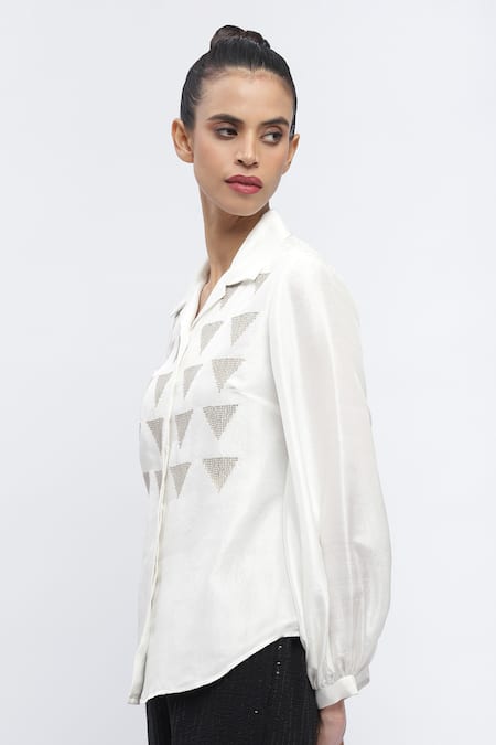 Buy_Abraham And Thakore_Ivory Silk Sequins Collared Triangle Embroidered Shirt _Online_at_Aza_Fashions