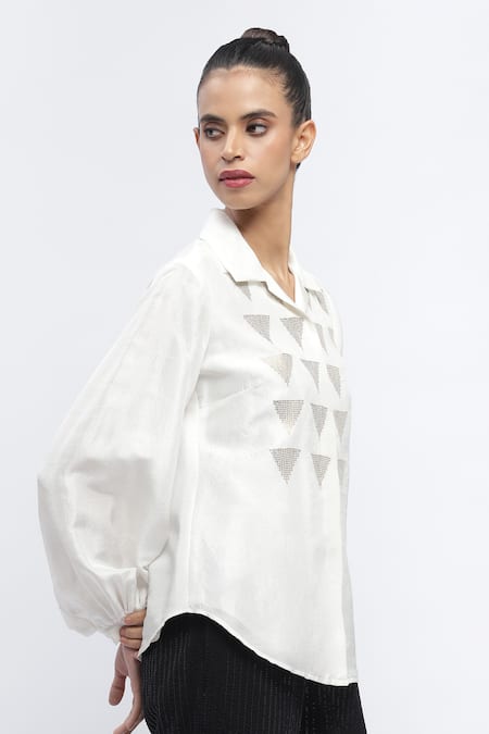 Shop_Abraham And Thakore_Ivory Silk Sequins Collared Triangle Embroidered Shirt _Online_at_Aza_Fashions