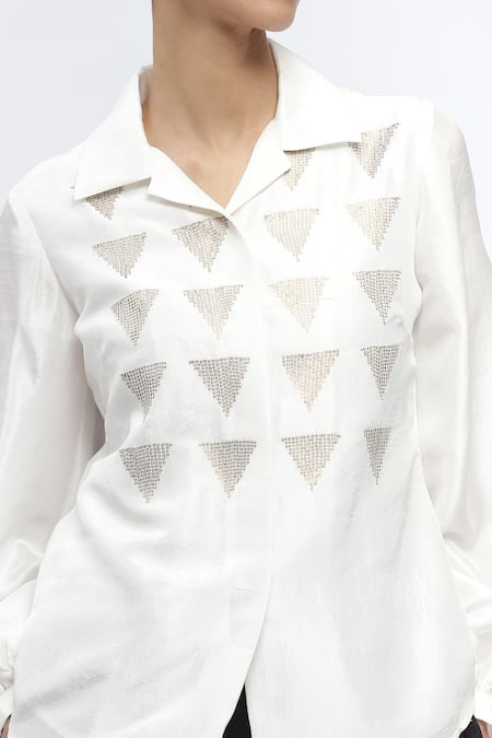 Abraham And Thakore_Ivory Silk Sequins Collared Triangle Embroidered Shirt _at_Aza_Fashions