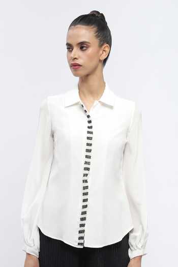 ABRAHAM AND THAKORE_Ivory Crepe Beads Collared Piano Keys Shirt _Online_at_Aza_Fashions