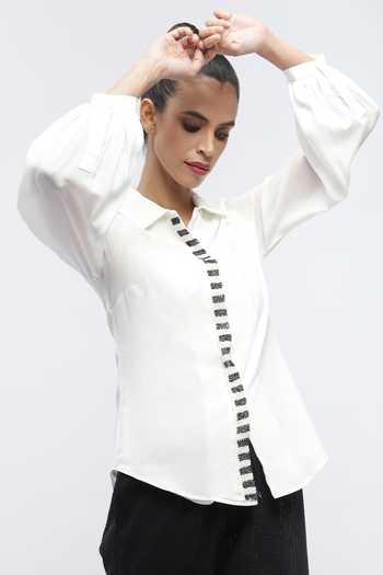 Shop_ABRAHAM AND THAKORE_Ivory Crepe Beads Collared Piano Keys Shirt _Online_at_Aza_Fashions