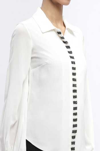 ABRAHAM AND THAKORE_Ivory Crepe Beads Collared Piano Keys Shirt _at_Aza_Fashions