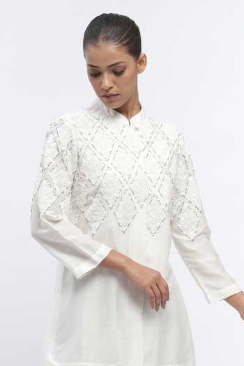 ABRAHAM AND THAKORE_Ivory Chanderi Sequins Mandarin Collar Harlequin Shirt _Online_at_Aza_Fashions