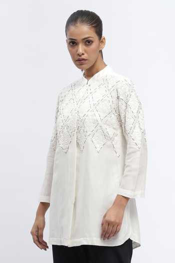 Buy_ABRAHAM AND THAKORE_Ivory Chanderi Sequins Mandarin Collar Harlequin Shirt _Online_at_Aza_Fashions
