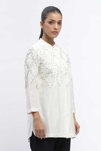 Shop_ABRAHAM AND THAKORE_Ivory Chanderi Sequins Mandarin Collar Harlequin Shirt _Online_at_Aza_Fashions