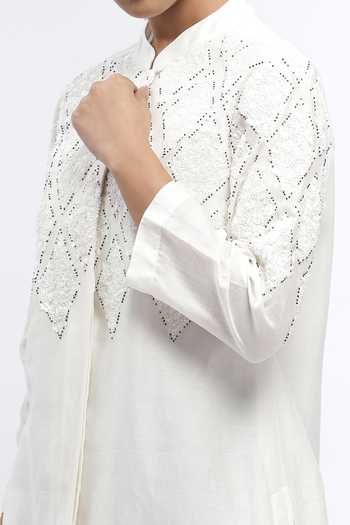 ABRAHAM AND THAKORE_Ivory Chanderi Sequins Mandarin Collar Harlequin Shirt _at_Aza_Fashions
