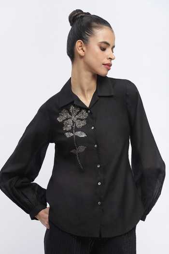 ABRAHAM AND THAKORE_Black Chanderi Embroidery, Sequins Collared Placement Floral Shirt _Online_at_Aza_Fashions