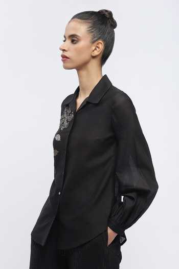 Buy_ABRAHAM AND THAKORE_Black Chanderi Embroidery, Sequins Collared Placement Floral Shirt _Online_at_Aza_Fashions