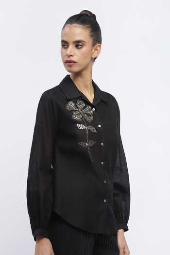 Shop_ABRAHAM AND THAKORE_Black Chanderi Embroidery, Sequins Collared Placement Floral Shirt _Online_at_Aza_Fashions