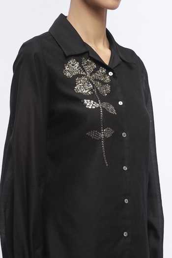 ABRAHAM AND THAKORE_Black Chanderi Embroidery, Sequins Collared Placement Floral Shirt _at_Aza_Fashions