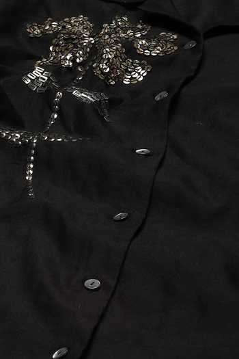 Buy_ABRAHAM AND THAKORE_Black Chanderi Embroidery, Sequins Collared Placement Floral Shirt 
