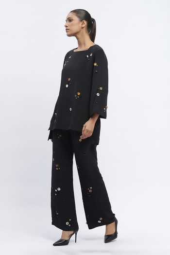 ABRAHAM AND THAKORE_Black Crepe Pearls, Sequins, Rhinestones Square Neck Embroidered Top _Online_at_Aza_Fashions