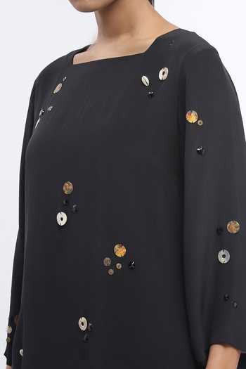 ABRAHAM AND THAKORE_Black Crepe Pearls, Sequins, Rhinestones Square Neck Embroidered Top _at_Aza_Fashions