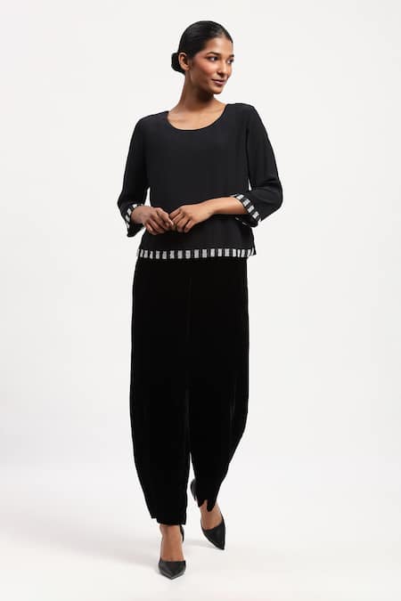 ABRAHAM AND THAKORE Black Crepe Embroidery Piano Keys Round Neck Top 