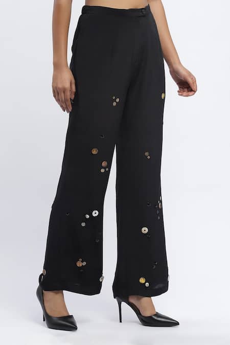Shop_Abraham And Thakore_Black Crepe Pearls, Sequins, Rhinestones Embroidered Trouser _Online_at_Aza_Fashions