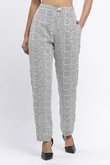 ABRAHAM AND THAKORE_Ivory Chanderi Sequins Dot Chequered Print Trouser _Online_at_Aza_Fashions