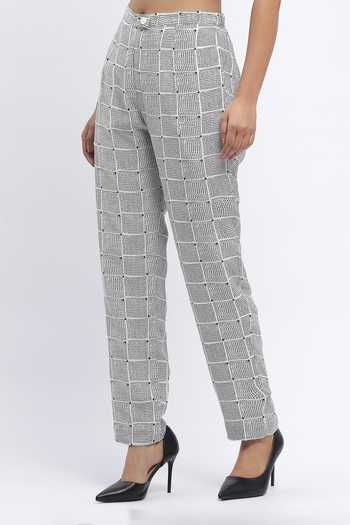 Buy_ABRAHAM AND THAKORE_Ivory Chanderi Sequins Dot Chequered Print Trouser _Online_at_Aza_Fashions