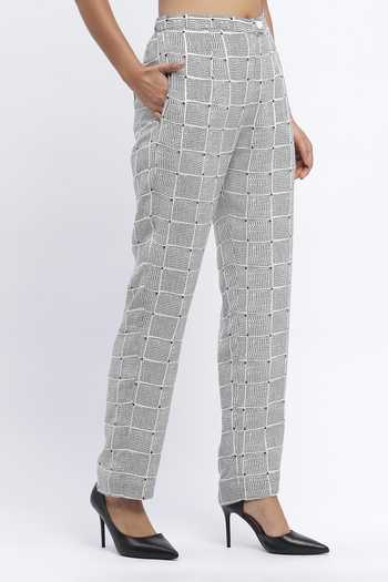 Shop_ABRAHAM AND THAKORE_Ivory Chanderi Sequins Dot Chequered Print Trouser _Online_at_Aza_Fashions