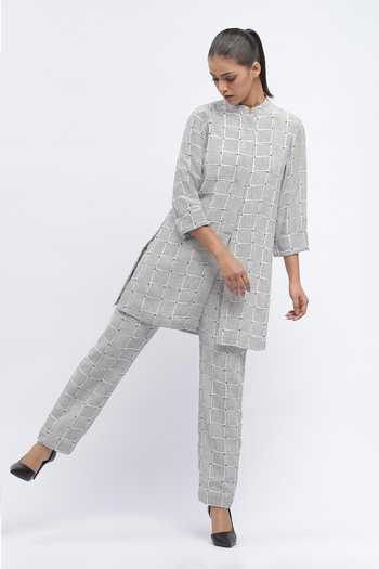 ABRAHAM AND THAKORE_Ivory Chanderi Sequins Dot Chequered Print Trouser _at_Aza_Fashions